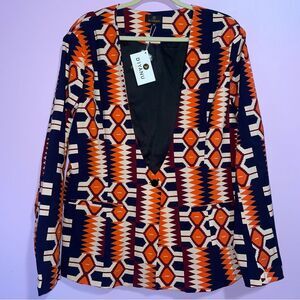 NEW D'Iyanu African Tribal Print Stretch Blazer Women 2X Art to Wear Maximalist